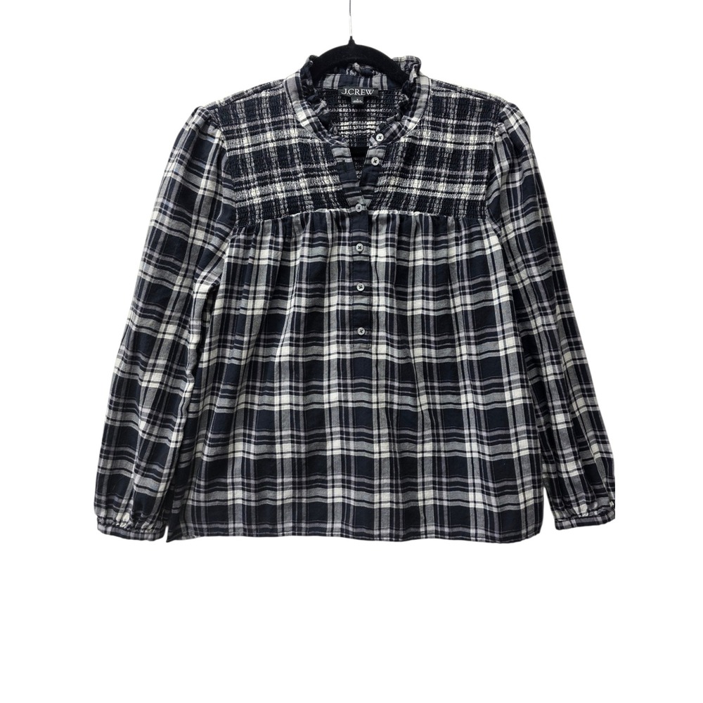 J. Crew‎ Black White Plaid Smocked Ruffle Neck Blouse Top BN143 Mens Small